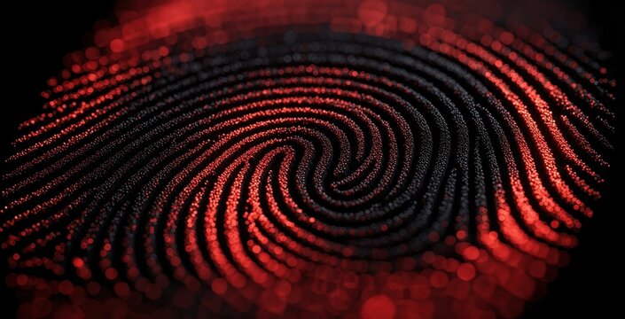 Abstract red and black fingerprint pattern. Swirling lines glow with digital particles. Unique identity, data security concept, modern design.