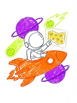 Childs crayon drawing of an astronaut flying a rocket in space