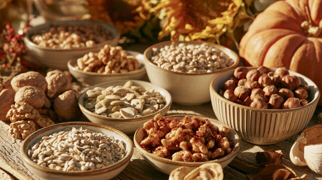 Rustic bowls of grains, nuts and seeds arranged on a warm wooden table, wholesome farm food still life with natural textures, rich colors and warmth.!!