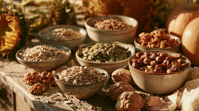 Rustic bowls of grains, nuts and seeds arranged on a warm wooden table, wholesome farm food still life with natural textures, rich colors and warmth.!!