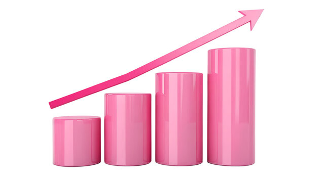 Pink 3D Financial Bar Chart with Rising Arrow Line Isolated on White Background   