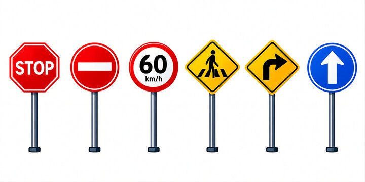 Set of traffic road signs collection on poles including stop sign, no entry, speed limit 60 kmh, pedestrian crossing, turn right, and straight arrow isolated on white background.