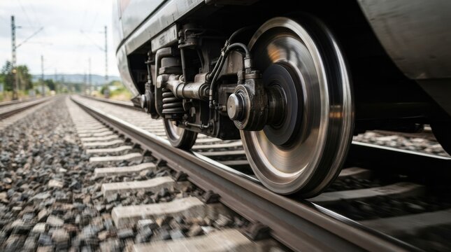 high speed train wheels track Close-up of a train wheel on railway tracks with blurred background motion.