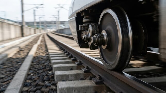high speed train wheels track Close-up of train wheels moving fast on railway tracks outdoors