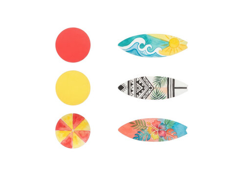 Set of colorful watercolor surfboard illustrations and circle shapes isolated on transparent background