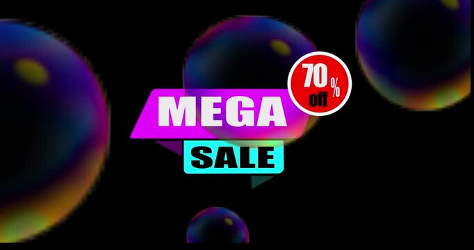 Dynamic motion graphic for mega sale announcement with up to 70% off discount. On a black background motion text 4k video with alpha channel animation