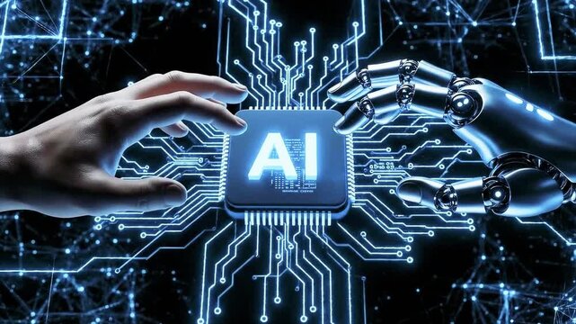 Human and robotic hands collaborating on futuristic ai circuit board interface