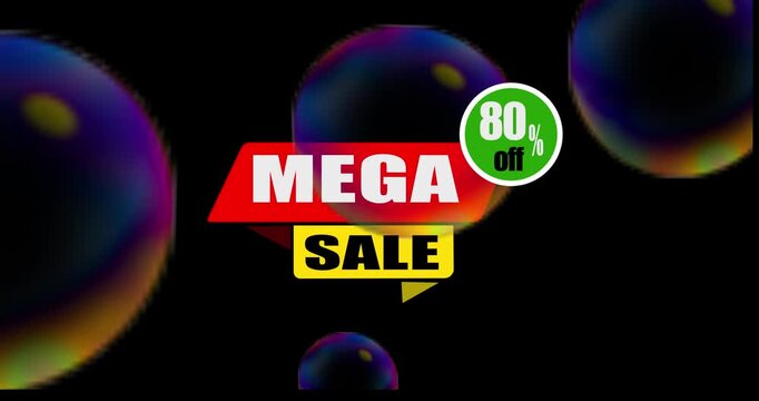 Dynamic motion graphic for mega sale announcement with up to 80% off discount. On a black background motion text 4k video with alpha channel animation