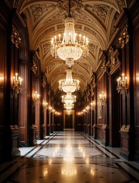 Grand opulent hallway with crystal chandeliers and ornate gold ceiling detail. Marble floor reflects warm light from wall sconces in this empty classic palace corridor.