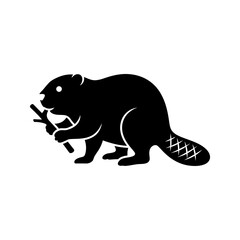 Black beaver icon showing rodent eating a wooden stick featuring robust tail and fur silhouette style isolated on transparent background for wildlife illustration. © Waseem