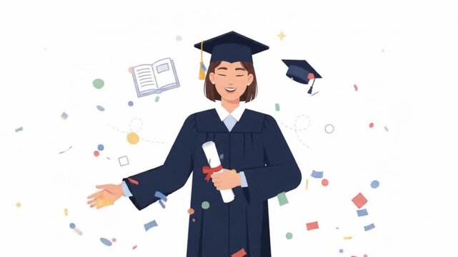 Animated Happy Female Graduate Holding Diploma Certificate Vector Illustration for Graduation Day Success Achievement University Concept Flat Design Isolated on White Background 