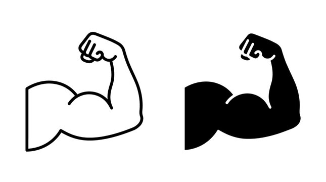 Bicep muscle icon with both outline and solid vector graphics representing fitness strength training health wellness bodybuilding activity for athletic gym design.