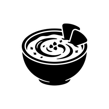 Bowl of spicy salsa dip icon with tortilla chips black silhouette design for authentic mexican restaurant branding festive party food or snack menu visuals.