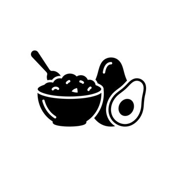 Healthy breakfast oatmeal bowl icon with fresh avocado halves black silhouette design for nutritious diet plans or vegetarian lifestyle meal mobile applications.