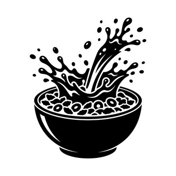 Bowl with cereal splashing liquid isolated on white background digital illustration for breakfast food design concept featuring black silhouette graphic elements.