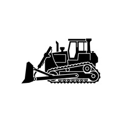 Heavy construction bulldozer machine silhouette for industrial site earthmoving equipment and civil engineering heavy machinery icon for project site visualization. © Waseem