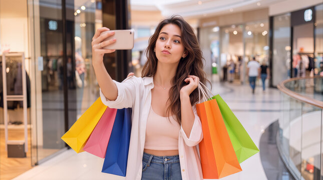 Trendy girl pouting for smartphone camera while carrying colorful shopping bags in modern mall. Consumer lifestyle and social media content creation in retail environment.