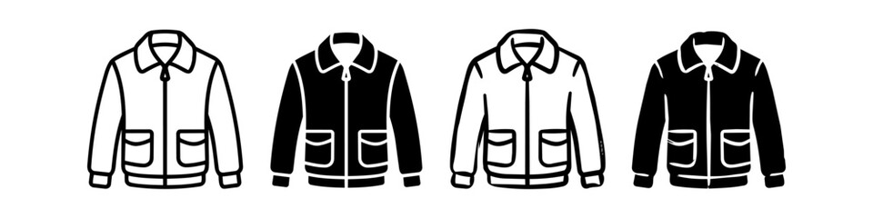 Bomber jacket icon set in outline, solid glyph, and hand drawn doodle styles. Modern vector illustration of casual outerwear clothing with collar and pockets on white background. © Trends