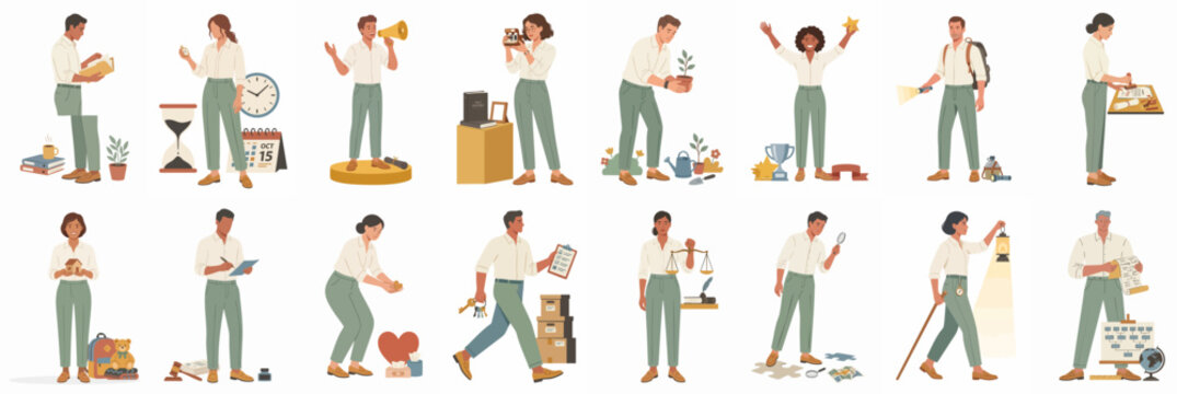 Set of diverse character illustrations showing different people engaged in various activities, hobbies and professions in a modern flat style.