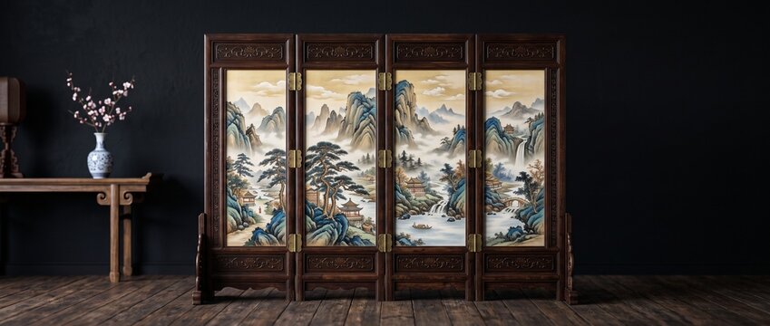 Antique wooden room divider with landscape painting on screen  