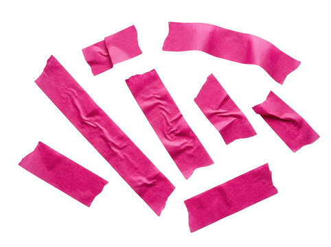 Scattered pieces of bright pink masking tape isolated on transparent background