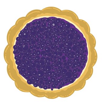 Top view illustration of an open blueberry pie with golden crimped crust isolated on transparent background vector clip art.