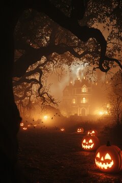 Eerie Halloween Landscape with Glowing Carved Pumpkins under Dark Tree Branches and Misty Sky