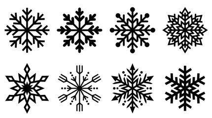 Obraz premium Set of nine intricate black and white snowflake icons for winter design, Christmas graphics and holiday-themed projects