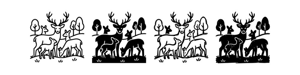 Fototapeta premium Set of deer family icons in black and white woodcut style, featuring stag, doe, and fawns in forest landscape.