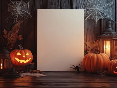 Blank Frame Mockup for Halloween Poster on Dark Wooden Surface with Jack O Lantern and Cobweb