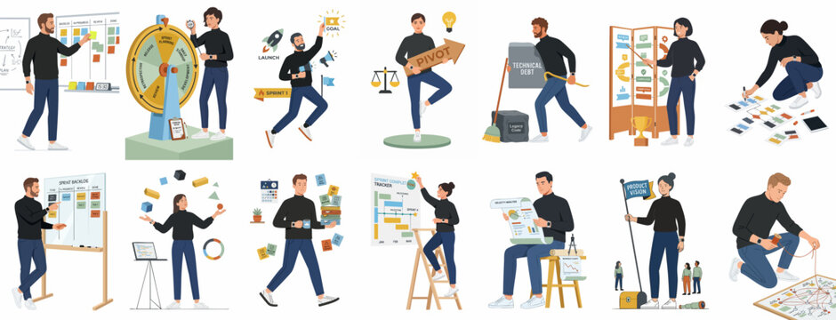 Diverse collection of flat vector illustrations showing office professionals managing tasks, brainstorming ideas, and organizing workflows for business success and efficiency.