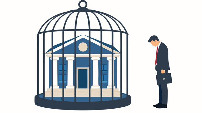 Sad businessman with briefcase standing outside classic bank building enclosed inside giant metal wire birdcage, frozen assets and financial limits concept, flat vector illustration on white
