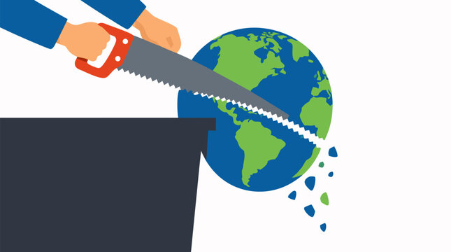 Hands using sharp handsaw to cut green and blue planet Earth globe into falling pieces on edge of table, global environmental catastrophe concept, flat vector illustration on clean white