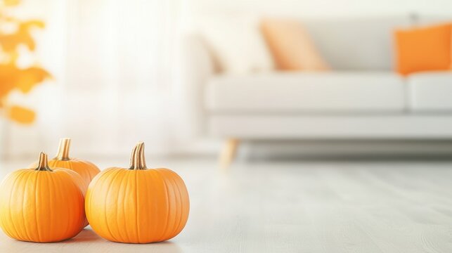 Orange Pumpkins on Floor in Bright Cozy Living Room Interior with Sofa for Autumn Decor