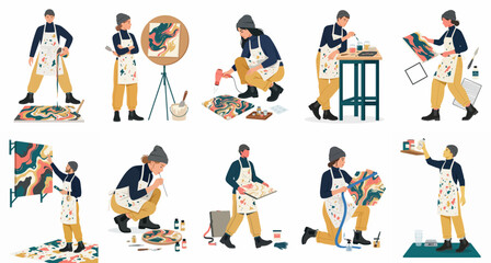 Fototapeta premium Collection of flat vector illustrations depicting artists in various stages of creating abstract fluid art, from pouring paint to displaying finished work.