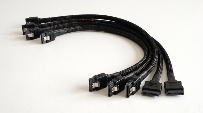 Multiple black SATA data cables are arranged in a curved pile on a white surface.