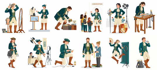 Fototapeta premium Illustrations of a male actor in historical costume performing various behind-the-scenes activities on a theater or film set.
