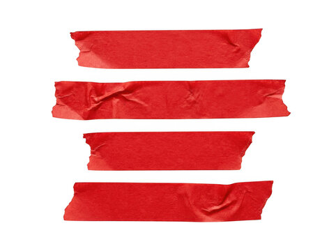 Four parallel red masking tape strips with wrinkled texture isolated on transparent background graphics