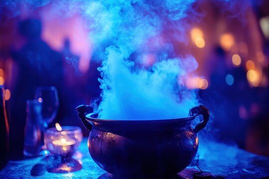 Black Witch Cauldron Boiling with Glowing Blue Smoke Fog in Dark Mystical Party Setting