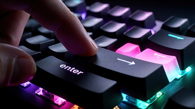 Person finger presses enter key on illuminated mechanical keyboard. Multicolored RGB backlighting glows under keys. Macro shot details digital input device. Action confirms choice starts process.