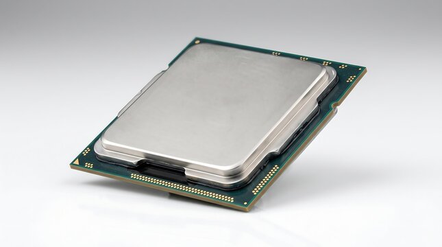 A close-up shot of a single computer central processing unit on a light gray background.