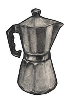 Handgezeichneter Espressokocher f&uuml;r den Herd mit Griff und Deckel, Bleistiftzeichnung mit sichtbarer Schraffur, freigestellt auf transparentem Hintergrund.