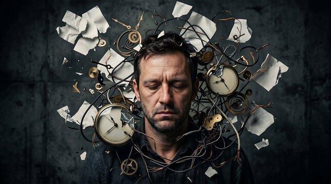 A man overwhelmed by time and chaos in his mind