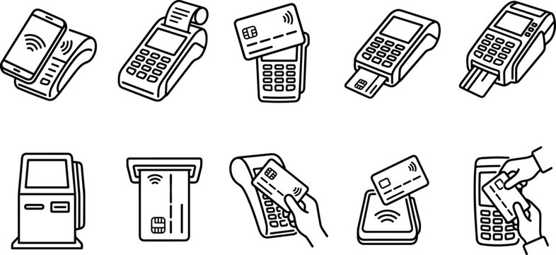 Set of payment terminals and pos card readers outline icons checkout devices, credit cards, contactless payment methods vector illustration