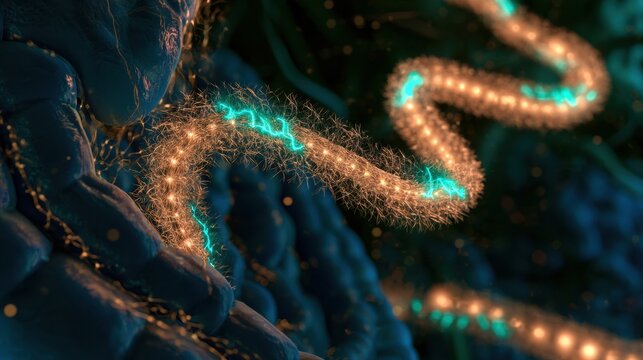 Vagus nerve is shown in a 3D render connecting the gut wall to the brain. Signal pulses travel along the nerve in teal and amber colors.