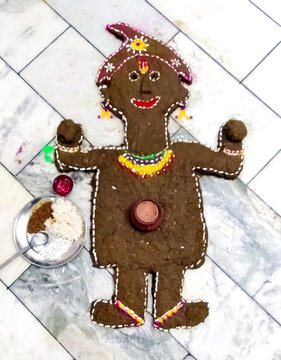 Traditional Cow Dung Govardhan Puja Idol Setup on Floor