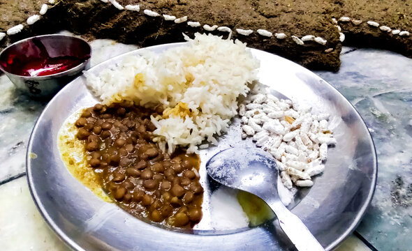 Traditional Indian Puja Bhog Prasad Thali with Rice and Lentils