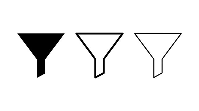 Funnel icon set with solid filled, medium outline, and thin line vector styles isolated on transparent background