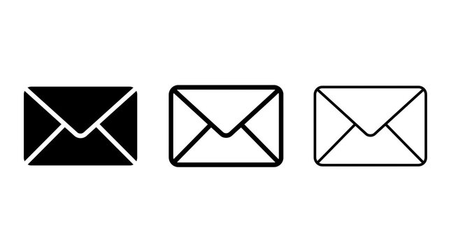 Minimalist email envelope icon set with solid, medium outline, and thin line styles isolated on transparent background