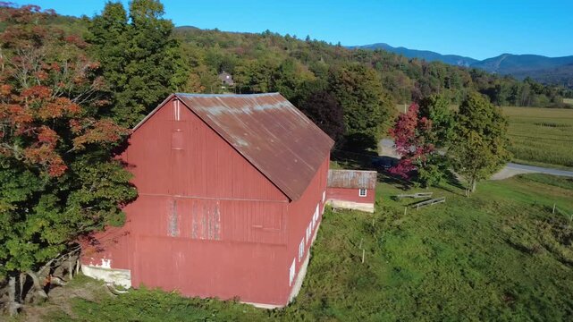 old red barn fly and turn video from drone perspective